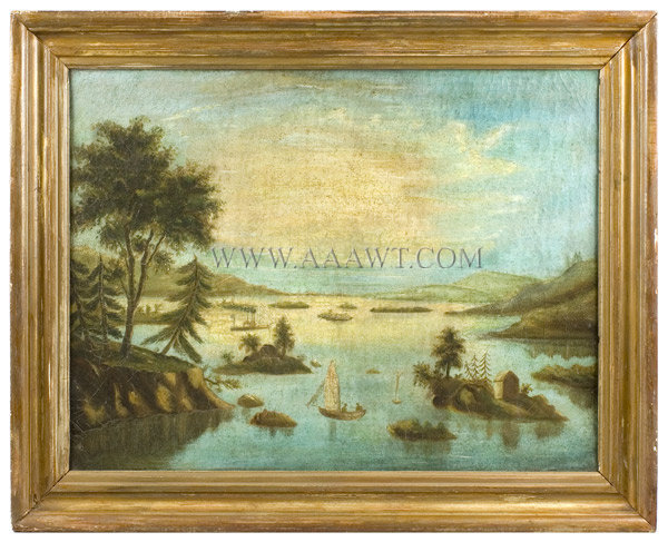 Antique Folk Painting,
Landscape, Waterscape, 
Possibly New York (Lake George), entire view